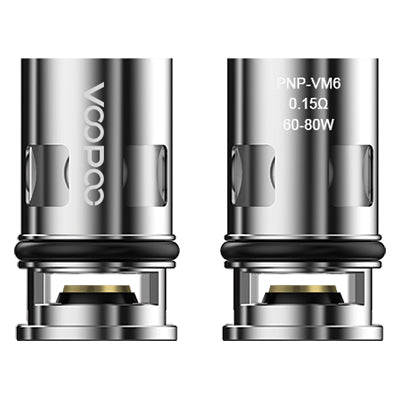 Voopoo PNP replacement coil for vaping, showing a close-up of a VOOPOO PNP VM6 coil with 0.15 ohm resistance.